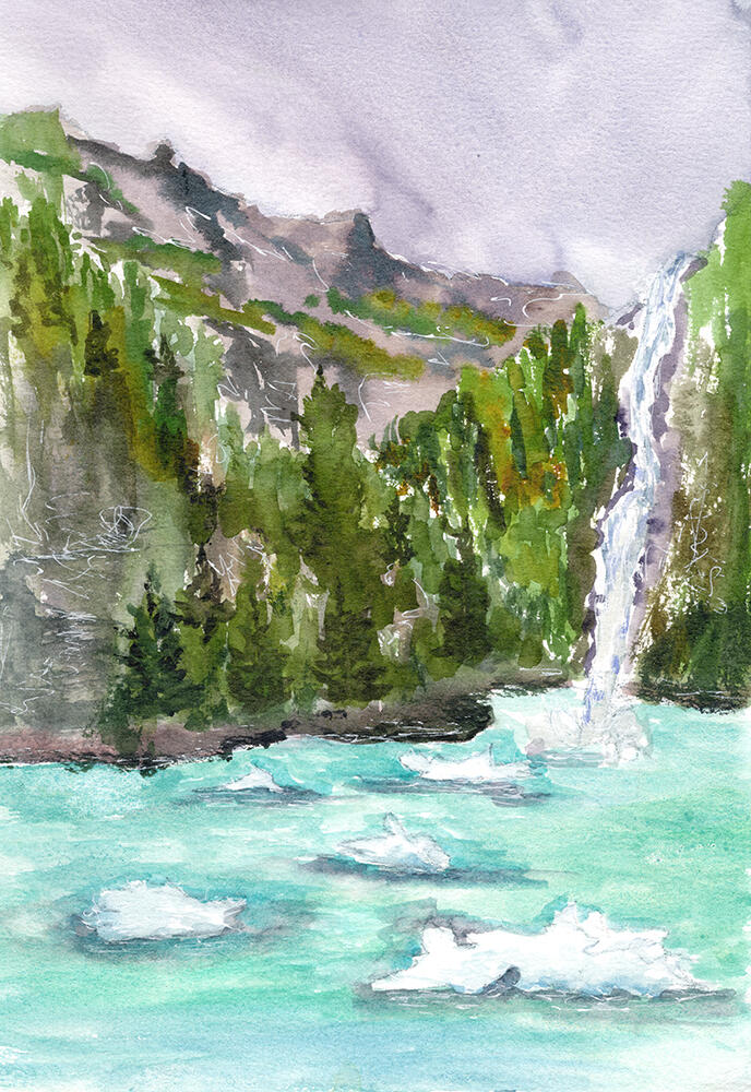 along the endicott arm watercolor and ink